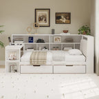 L-förmiges Holzsofa-Tagesbett mit Schreibtisch, Bücherregal, Eckbett mit Schubladen unter dem Bett, gepolstertem Kopfteil und integrierter Beleuchtung