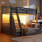 Etagenbett für Geschwister (oben: Twin, unten: Full) mit Stauraum, LED-Beleuchtung und Ladestation, Holzetagenbett mit seitlichen Regalen für Kinder & Jugendliche