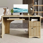 Bestier 55 Smart Computertisch, Eiche Schreibtisch mit Aktenschubladen und Steckdose, Chefschreibtisch mit offenem Stauraum und Tastaturauszug