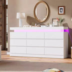 9 Schubladen Kommode für Schlafzimmer, Schubladenschrank mit Ladestation & LED-Beleuchtung, Doppel-Holz-Kleiderschrank, Moderne Kommode TV-Ständer