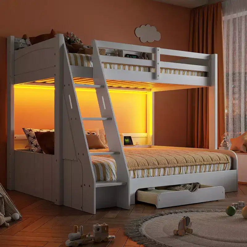 Etagenbett für Geschwister (oben: Twin, unten: Full) mit Stauraum, LED-Beleuchtung und Ladestation, Holzetagenbett mit seitlichen Regalen für Kinder & Jugendliche