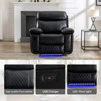 Elektrisches Liegesofa mit kabelloser Ladestation, Leselampe, LED-Beleuchtung für Wohnzimmer, Kunstleder, AC-/USB-Anschluss, Getränkehalter, Schwarz