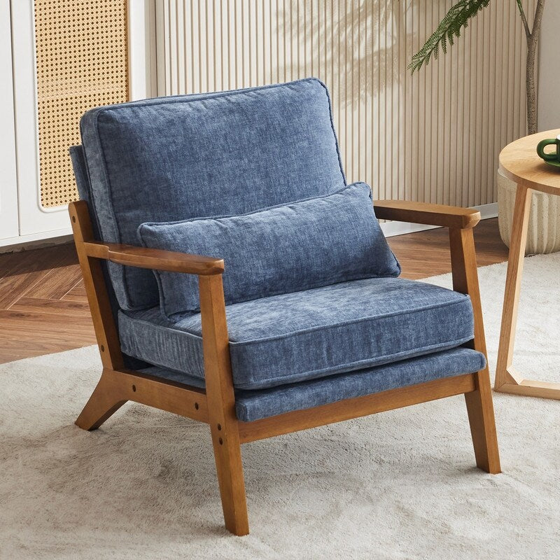 Polster-Akzentsessel aus Leinenmischgewebe mit Holzbeinen und einem Kissen, Beige