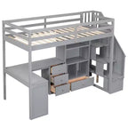 Hochbett in Twin-Größe mit L-förmigem Schreibtisch, 3 Schubladen, Schrank, Treppenstauraum, aus massivem Kiefernholz/MDF gefertigt