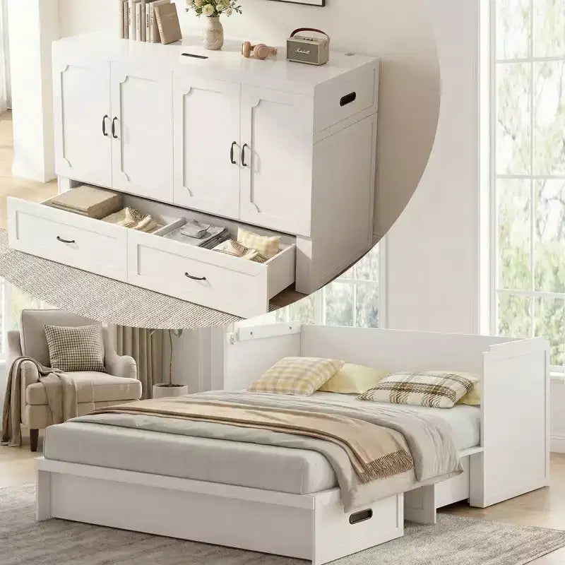 Mjkone Queen-Size-Schrankbett mit Matratze, USB-Ladeanschluss und Aufbewahrungsschubladen
