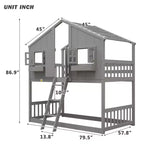 Doppel-Loftbett in Hausform, Holzspielhaus-Loftbett mit Leiter und Schutzgittern für Kinder