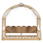 Massivholz-Spielhaus-Plattformbett, Montessori-Bettrahmen mit gewölbtem Dach und Ausziehbett für Mädchen und Jungen
