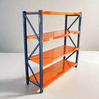 VIYET Schwerlast-Garagenregale, 4-stöckig, 2000 kg Tragkraft, verstellbares Metallregal, blau-orangefarbene Industrieregale für Geschäft/Werkzeuge/Fitnessstudio