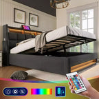 Queensize-Bett mit hydraulischem Stauraum, LED, USB, gepolstertem Kopfteil, kein Boxspringbett, einfache Montage