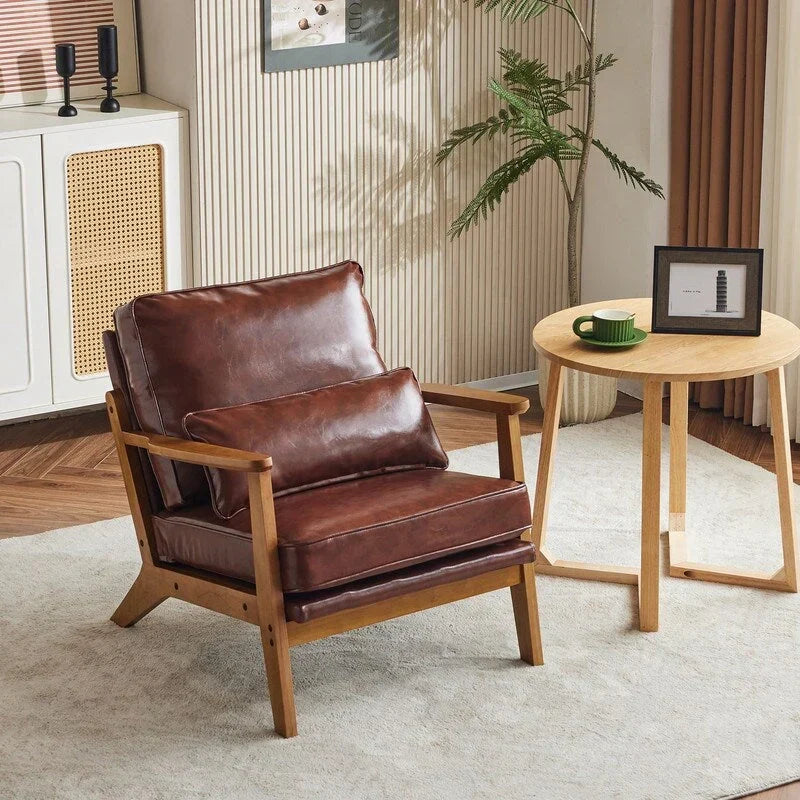 Polster-Akzentsessel aus Leinenmischgewebe mit Holzbeinen und einem Kissen, Beige