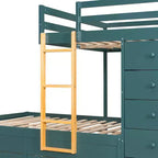 Etagenbett „Full-over-Full“ mit Kleiderschrank und Schubladen, platzsparendes Etagenbett aus Holz in voller Größe mit Rausfallschutz für Apartment, Schlafzimmer