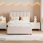 Bellemave Einzelbett mit Hochklappfunktion, Gepolstertes Plattformbett mit hydraulischem Aufbewahrungssystem, Kopfteil mit vertikalen Streifen, Beige
