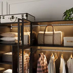 Hitow Pure Black Luxus-Kleiderschrank mit Türen aus gehärtetem Glas, 3-Farben-LED-Beleuchtung, vom Boden bis zur Decke reichender Schlafzimmerschrank-Organizer, Ankleidezimmerschrank