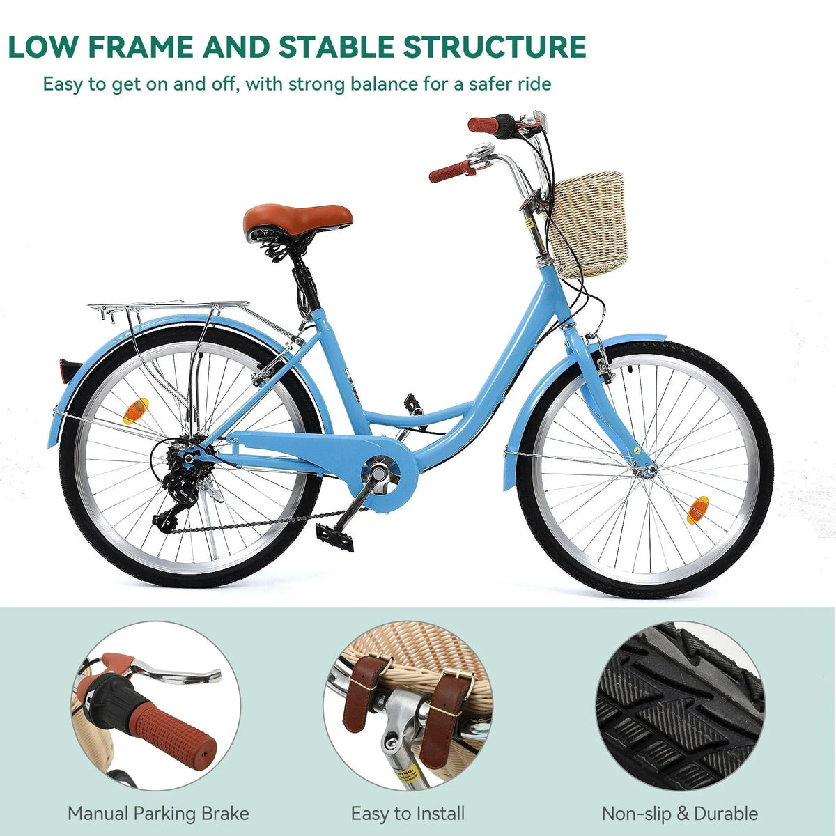 Moasis24/26 7-Gang Cruiser Bike, verstellbares Tiefeinsteigerfahrrad, Pendlerfahrrad, Fahrrad