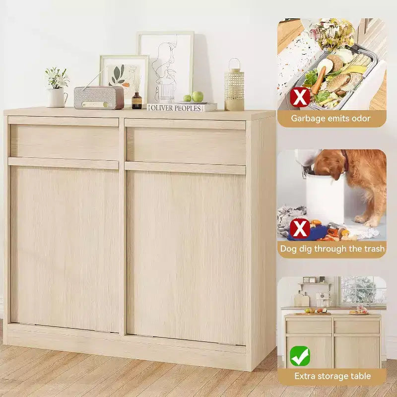 Kippbarer Mülleimer, natürliche Eiche, Mülleimer mit Stauraum und Schublade, versteckter Müllschrank, Wäschekorb für Küche, Esszimmer, Wohnzimmer