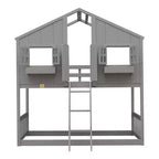 Doppel-Loftbett in Hausform, Holzspielhaus-Loftbett mit Leiter und Schutzgittern für Kinder