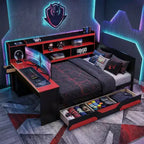 Gamer Hub Tagesbett mit Schreibtisch, RGB-Beleuchtung, Ladestation, Schubladen und Bücherregal-Kopfteil