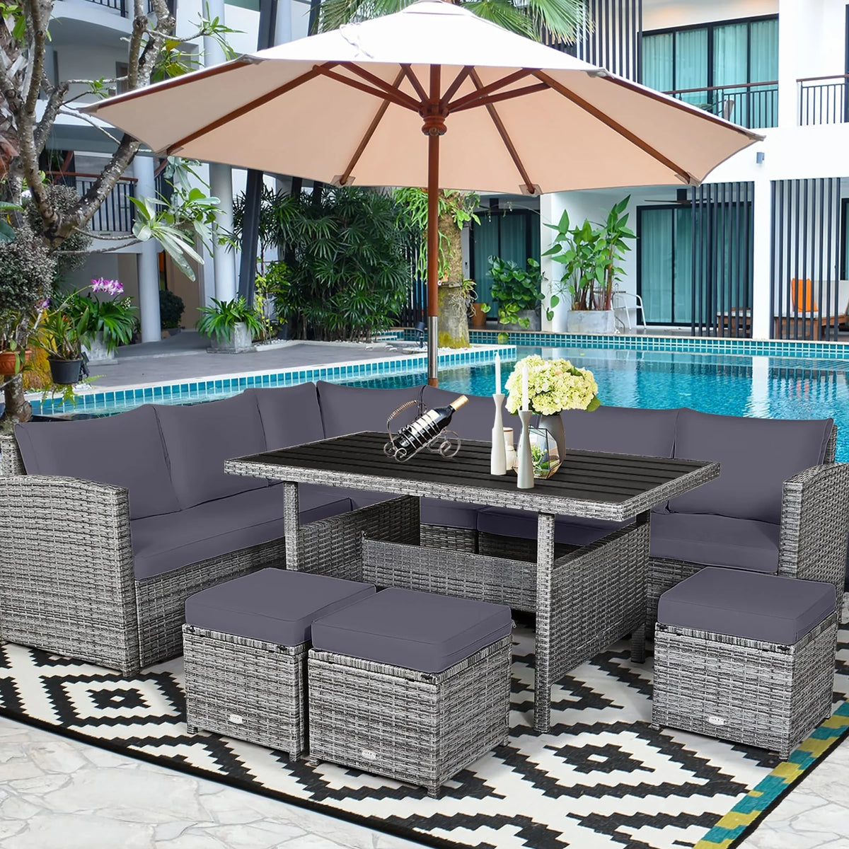 Costway 7-teiliges Terrassen-Essgruppe Rattan-Sofa Couch Ottomane – Details ansehen