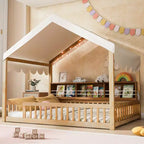 Whisen Vollholz-Bettgestell, Hausbett mit Zaun, 3 Aufbewahrungsregale, Vorhang