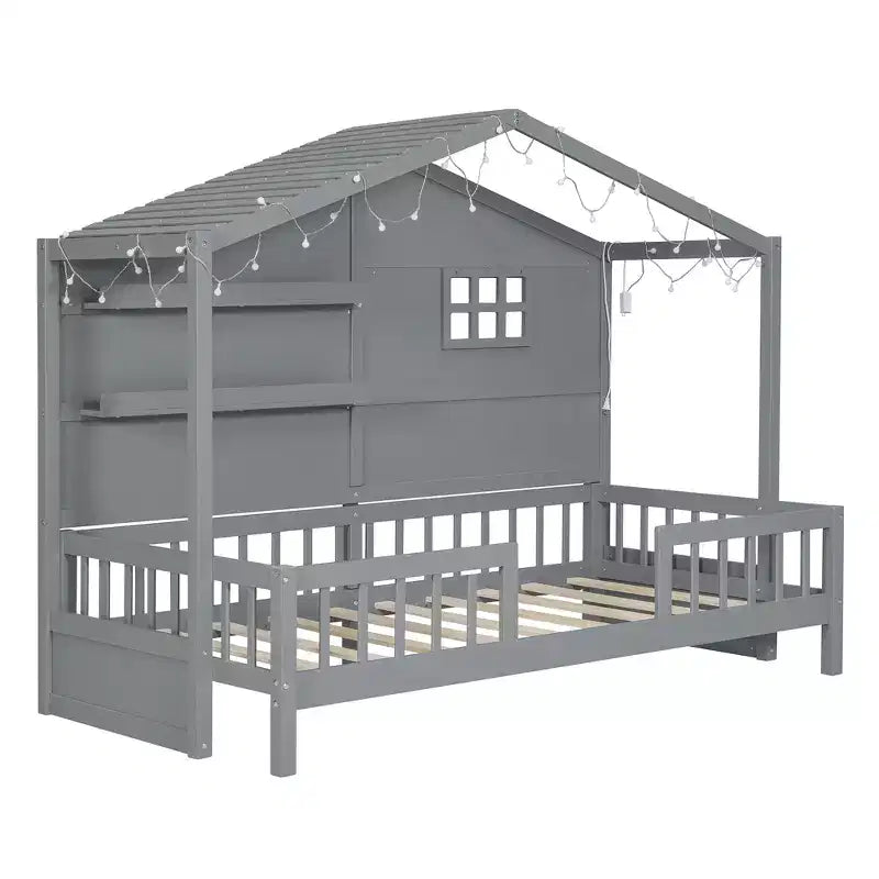 Hausbett in Twin-Größe mit Ablageregalen und Rausfallschutz, Montessori-Bettrahmen aus Holz für Kinder mit Fenster und glitzerndem Lichtband