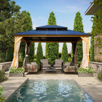 EROMMY Hardtop-Pavillon, Outdoor-Pergola mit Doppeldach & Netzen & Vorhängen, Hochleistungs-Canopy für Terrasse, Garten, Poolparty