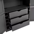 Hoher Küchenschrank mit Steckdosen, großer freistehender Schrank mit Mikrowellenständer, Schubladen, Regalen, Weinregalen und Türregal