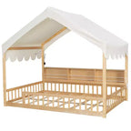 Whisen Vollholz-Bettgestell, Hausbett mit Zaun, 3 Aufbewahrungsregale, Vorhang