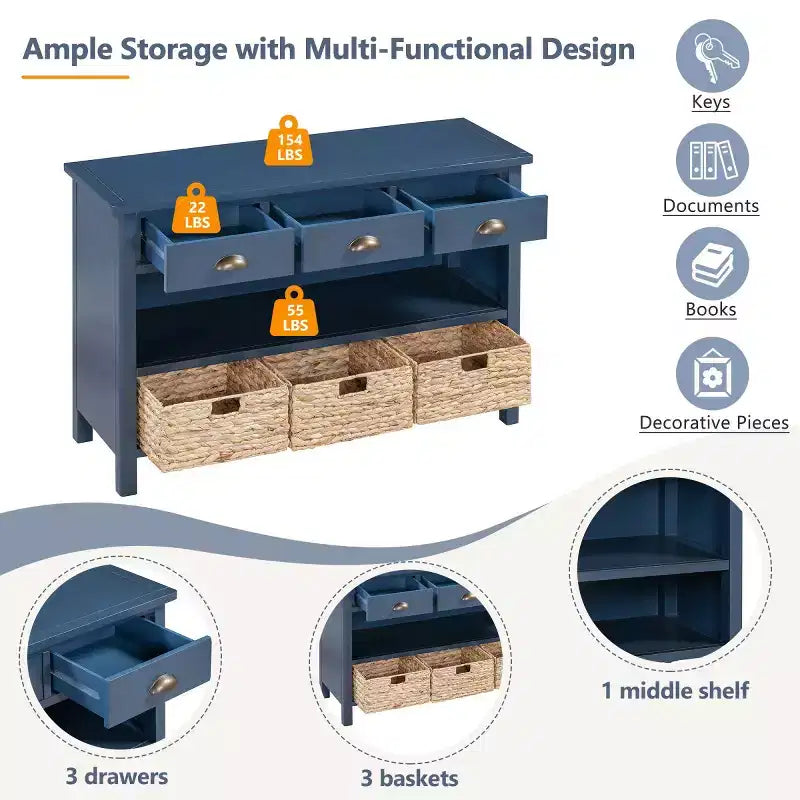 Konsolentisch für den Eingangsbereich mit Stauraum, Bauernhaus-Flurtisch mit 3 Schubladen und 3 Wasserhyazinthenkörben für Wohnzimmer oder Foyer - Panipeachy