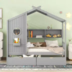 Hausbett aus Holz in Twin-/Full-Size mit 2 Schubladen, Kinderbett mit Ablageregal - ModernLuxe