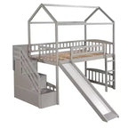 Doppelhaus-Hochbett mit Rutsche und Treppe, Hochbett mit Aufbewahrungsschubladen, Holzhaus-Hochbett für Kinder und Kleinkinder