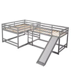 L-förmiges Etagenbett für 4 Kinder, Vierfach-Etagenbett mit Rutsche, Voll- und Twin-Holzrahmen für Schlafzimmer/Wohnheim