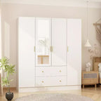 Hitow Kleiderschrank 2 große Schubladen, mittiger Hängeplatz mit Spiegel, minimalistischer Stil