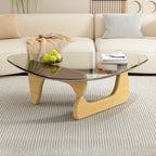 Dreieckiger Couchtisch aus Holz mit Glasplatte