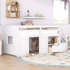 Okak Massivholz-Hochbett mit Treppe & Stauraum, Niedriges Etagenbett mit Schubladen & Regalen, Multifunktionales Hochbett für Kinder, Jugendliche