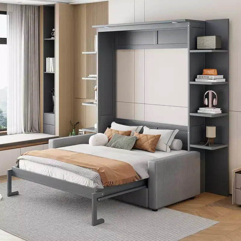 Queen Murphy-Bett Schrankbett mit Sofa, Queen-Size-Schrankbett Klappbett mit Bücherregal und Ablagen für Gästezimmer Büro