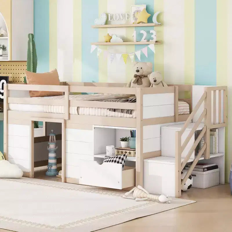 Okak Massivholz-Hochbett mit Treppe & Stauraum, Niedriges Etagenbett mit Schubladen & Regalen, Multifunktionales Hochbett für Kinder, Jugendliche