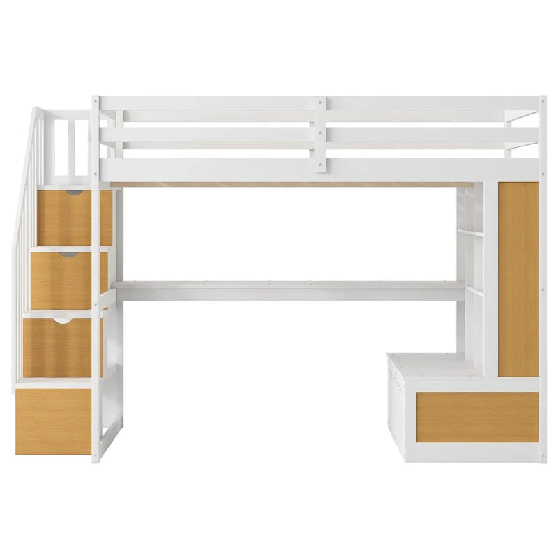 Dachbodenbett aus Massivholz (Natur+Weiß) mit Schreibtisch und Schubladen