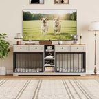 82" Doppel-Hundebox Möbel, großer Hundezwinger für 2 Hunde, robuster TV-Ständer aus Holz mit 4 Schubladen und Regalen