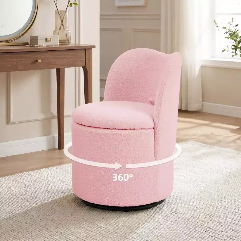 Drehbarer Schminkstuhl mit Stauraum, gepolsterter runder Make-up-Hocker mit Rückenlehne, weich gepolsterter Fass-Akzent-Sessel für Schlafzimmer und Wohnzimmer