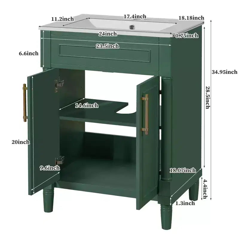 24-Zoll-Badezimmerwaschtisch mit Keramikwaschbecken, Shaker-Schrank, 2 Soft-Close-Türen, Massivholzrahmen für kleines Bad oder Gästetoilette