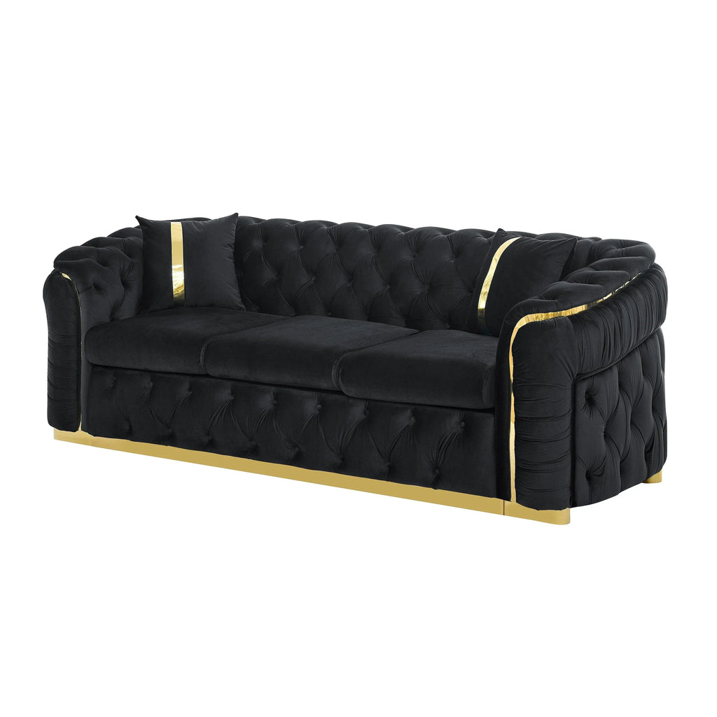 90.6 Samt-Dreisitzer-Sofa mit 2 Kissen, hochdichten Polstern, goldenen Akzenten und Kissen