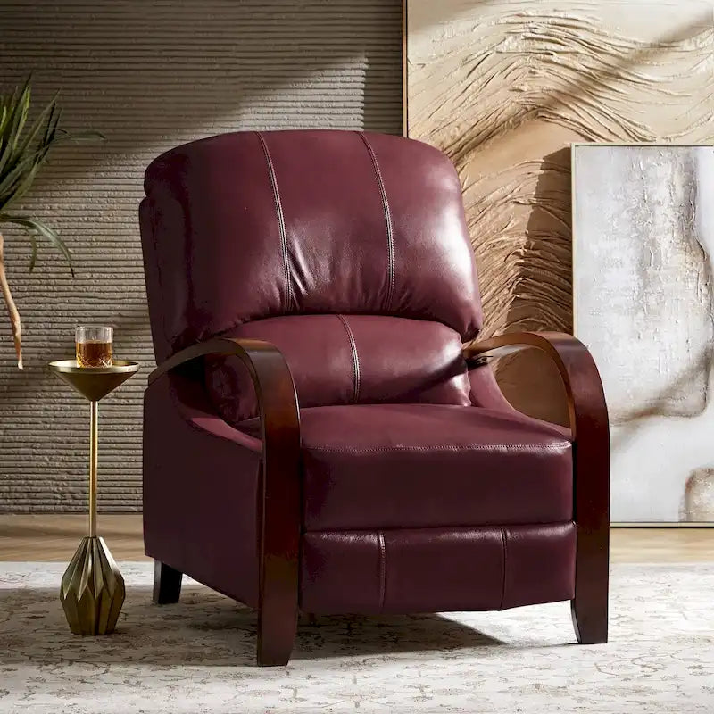 Alex Mid-Century Modern Zigarren-Sessel aus echtem Leder mit manueller Relaxfunktion und geschwungenen Holzarmlehnen
