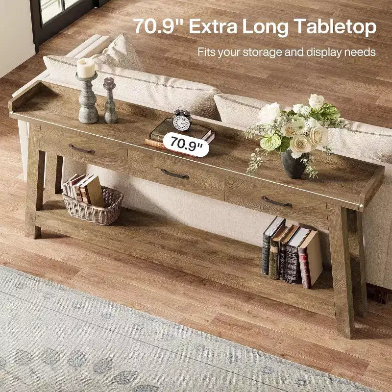 Lantine 2-stöckiger Sofatisch mit 3 Schubladen, 180 cm Konsolentisch mit erhöhter Ablage und Staufächern für Wohnzimmer, Flur, Eingangsbereich