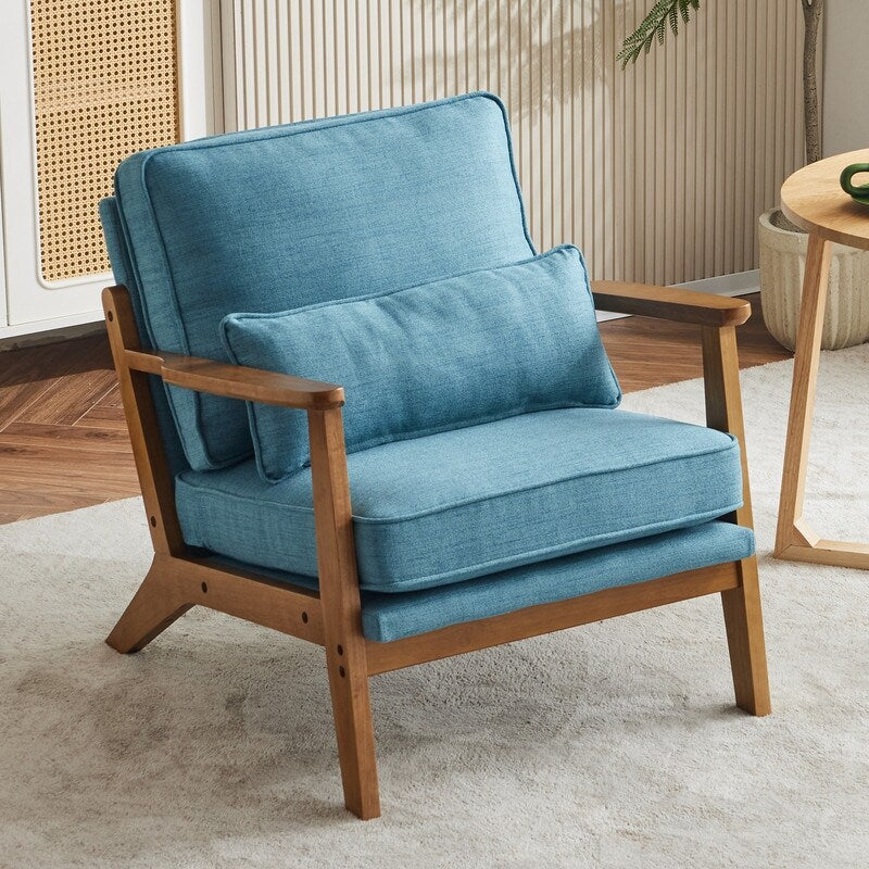 Polster-Akzentsessel aus Leinenmischgewebe mit Holzbeinen und einem Kissen, Beige