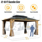 EROMMY Hardtop-Pavillon, Outdoor-Pergola mit Doppeldach & Netzen & Vorhängen, Hochleistungs-Canopy für Terrasse, Garten, Poolparty