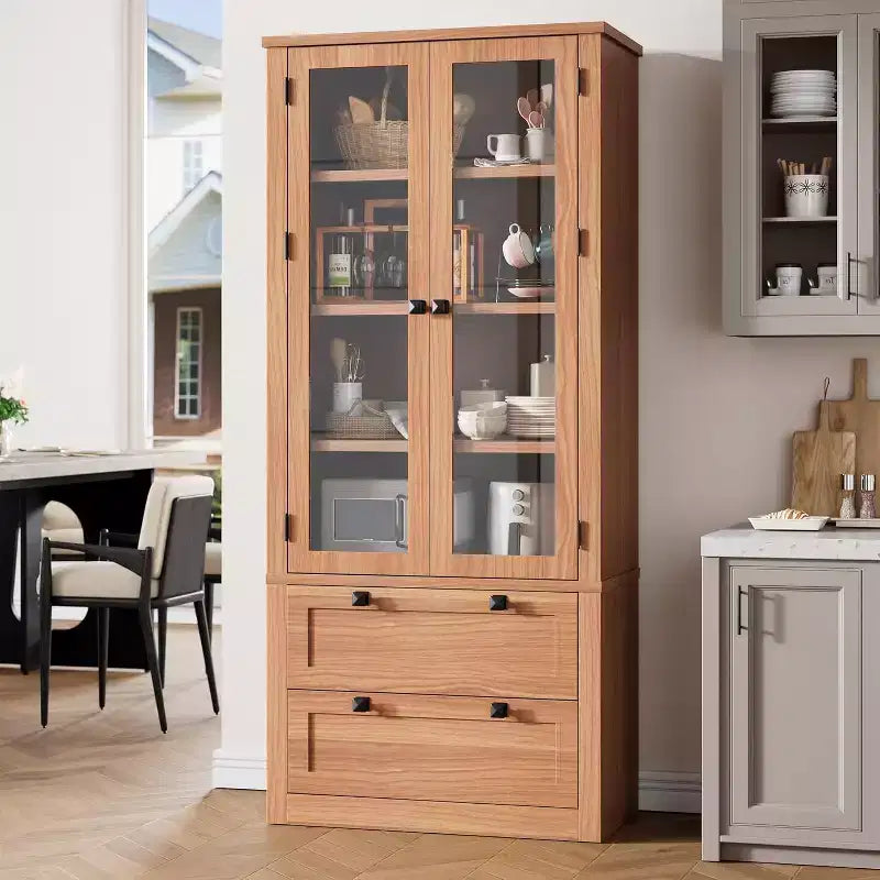 Farmhouse Küchenschrank mit Glastüren, 183 cm Vorratsschrank mit Schubladen und verstellbaren Regalböden für Esszimmer, Bad, Wohnzimmer