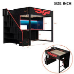 Vollständiges Gaming-Hochbett mit Schreibtisch und LED-Beleuchtung, großes Hochbett aus Holz mit Treppe und Stauraumtreppe sowie USB-Anschluss, Rot+Schwarz
