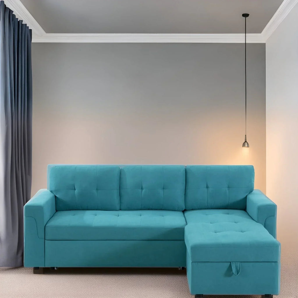 Verwandelbares, umbaubares Ecksofa mit ausziehbarem Schlafsofa, versteckter Aufbewahrung in der Récamiere und robusten Beinen