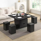 Multifunktionaler moderner Couchtisch mit Hebefunktion, verstecktem Stauraum, 4 Hockern und Rollen, perfekt für moderne Wohnbereiche