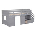 Okak Massivholz-Hochbett mit Treppe & Stauraum, Niedriges Etagenbett mit Schubladen & Regalen, Multifunktionales Hochbett für Kinder, Jugendliche
